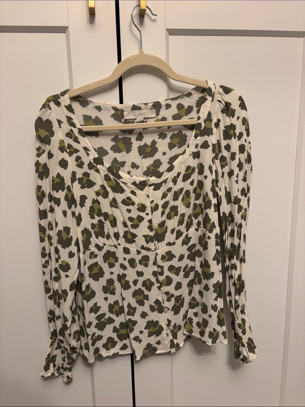 LOFT White Button-Front Top with Olive Floral Print